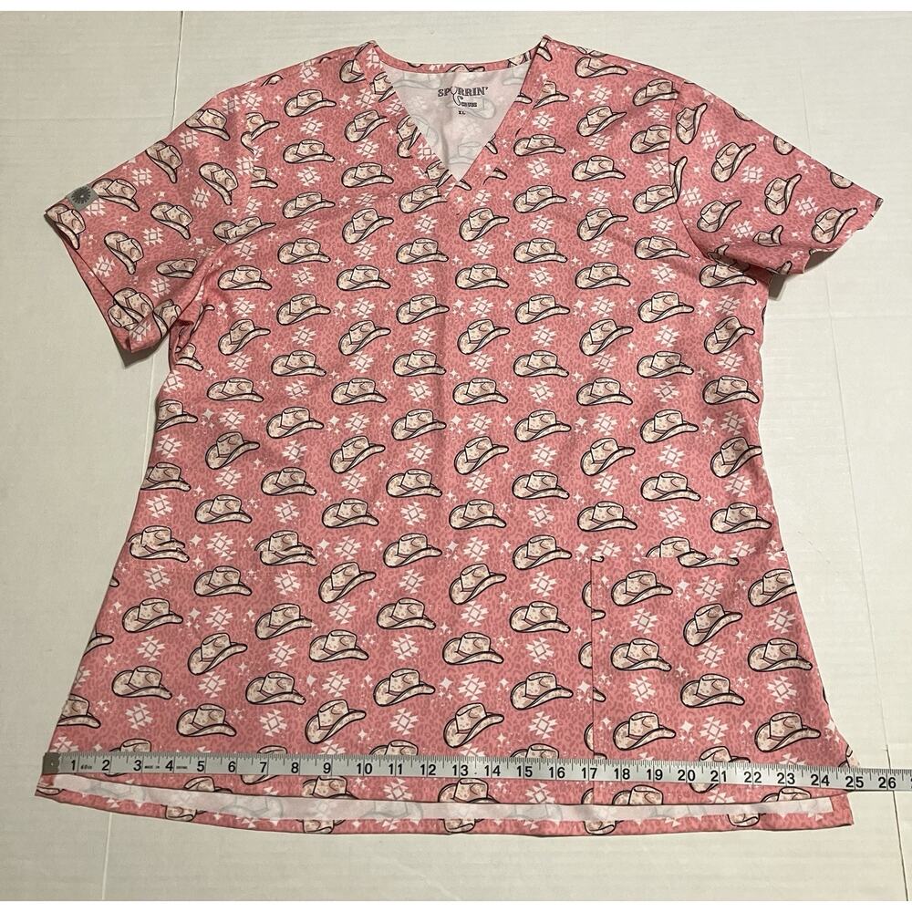 Womens Spurrin’ Scrubs Medical Scrub Top Western Cowboy Cowgirl Hat Pink XL READ - Picture 10 of 11